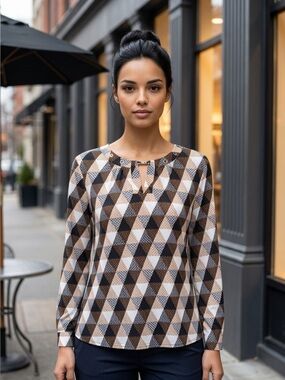 Davina Geo-Print Long Sleeve Top in Black, Cream & Brown by Charter Club